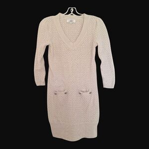 Tibi Sweater Dress Wool Cashmere Blend Pockets Sheath V-Neck Above Knee Beige M